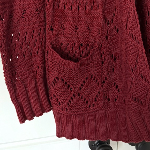 Lucky Brand Womens Open Cardigan Sweater Large Dark Red Maroon Long Knit Pockets - Picture 4 of 12